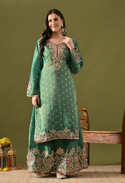 Green Tissue Silk Sharara Set with Gotta, Applique & Zardozi Work.