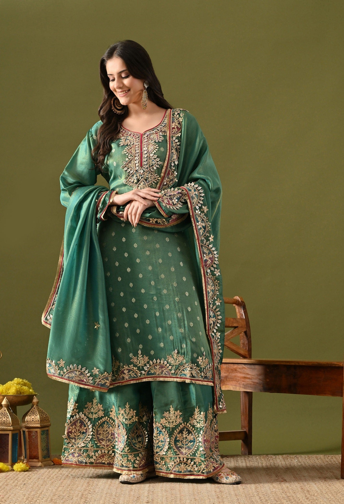 Green Tissue Silk Sharara Set with Gotta, Applique & Zardozi Work.