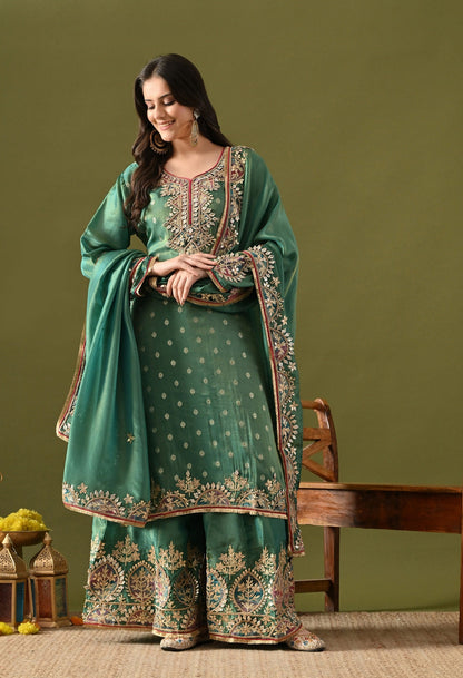 Green Tissue Silk Sharara Set with Gotta, Applique & Zardozi Work.