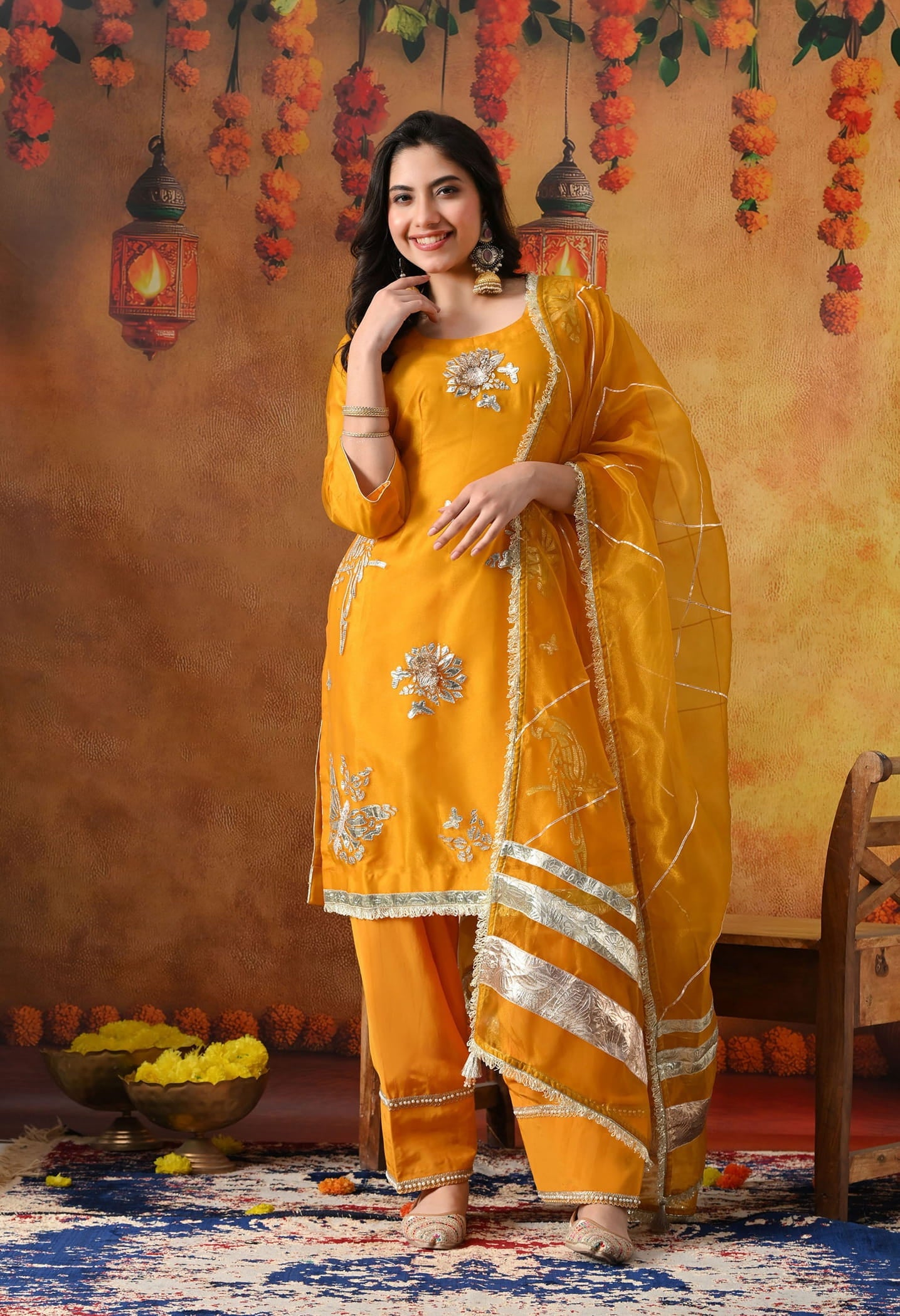 Orangeish Yellow Tissue Organza Kurta Set with intricate gotta, zardozi, and crystal work, paired with a farshi salwar