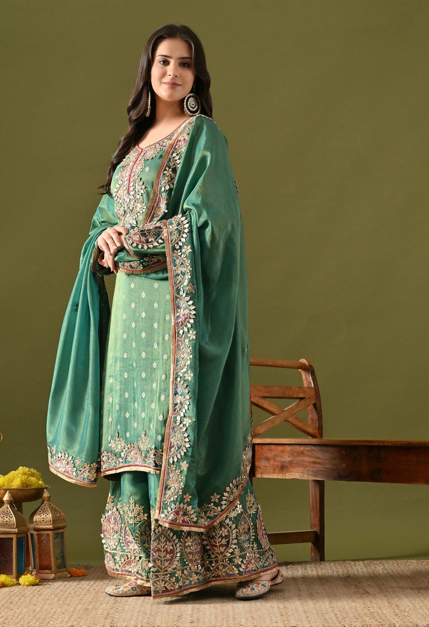 Green Tissue Silk Sharara Set with Gotta, Applique & Zardozi Work.