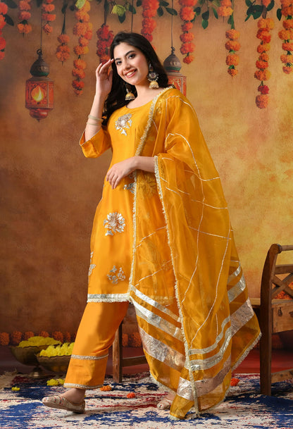 Orangeish Yellow Tissue Organza Kurta Set with intricate gotta, zardozi, and crystal work, paired with a farshi salwar