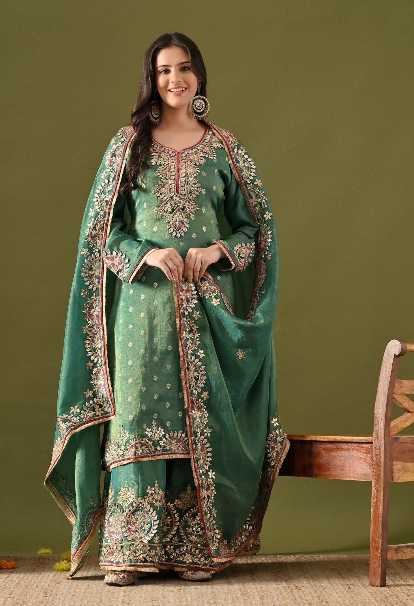 Green Tissue Silk Sharara Set with Gotta, Applique & Zardozi Work.