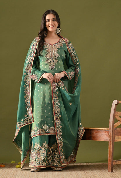 Green Tissue Silk Sharara Set with Gotta, Applique & Zardozi Work.