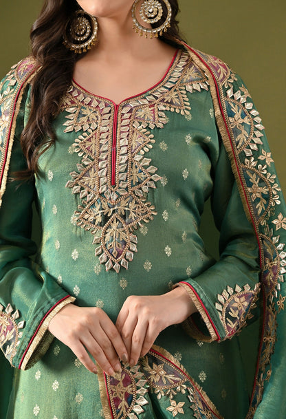 Green Tissue Silk Sharara Set with Gotta, Applique & Zardozi Work.