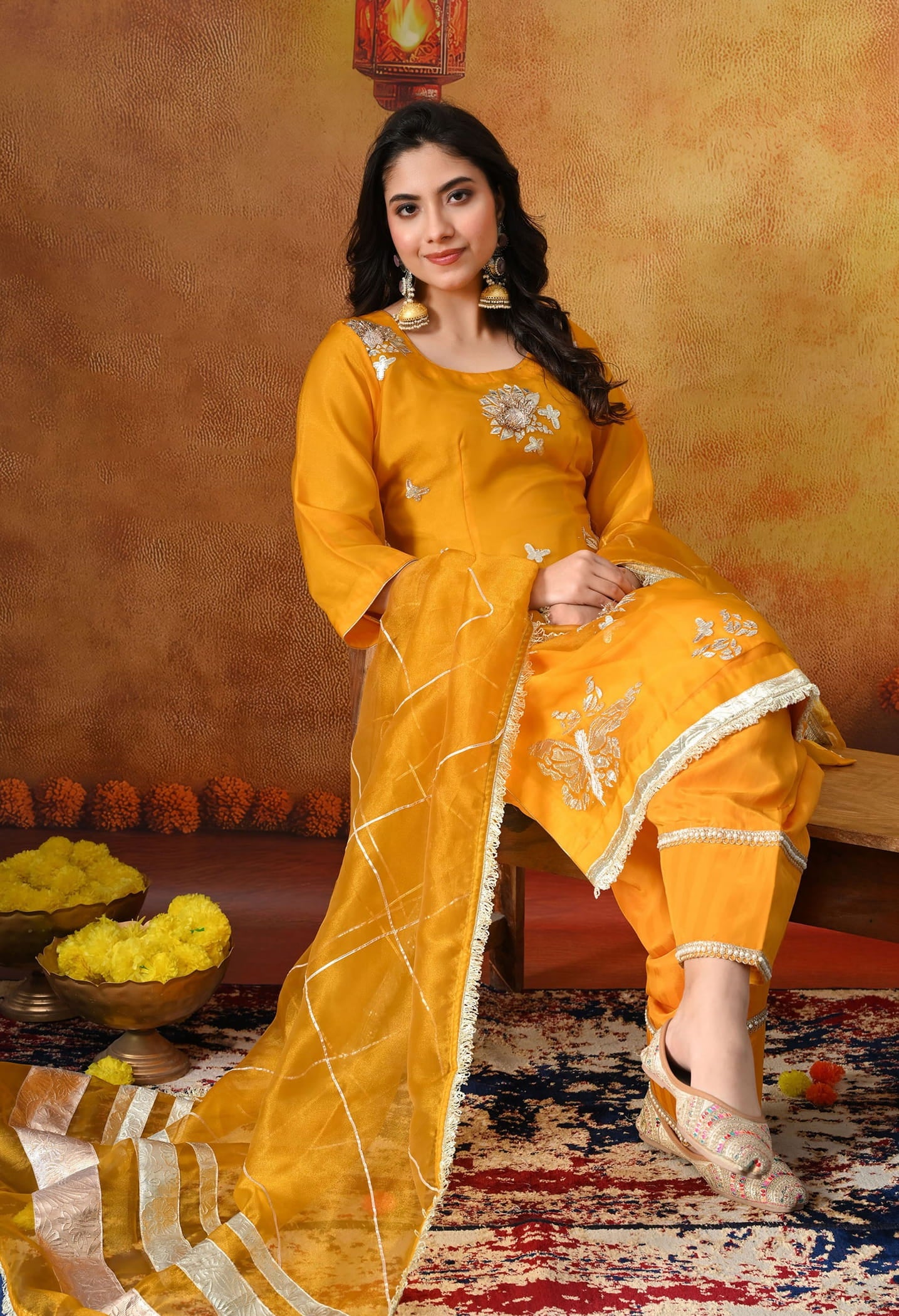 Orangeish Yellow Tissue Organza Kurta Set with intricate gotta, zardozi, and crystal work, paired with a farshi salwar