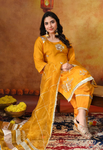 Orangeish Yellow Tissue Organza Kurta Set with intricate gotta, zardozi, and crystal work, paired with a farshi salwar