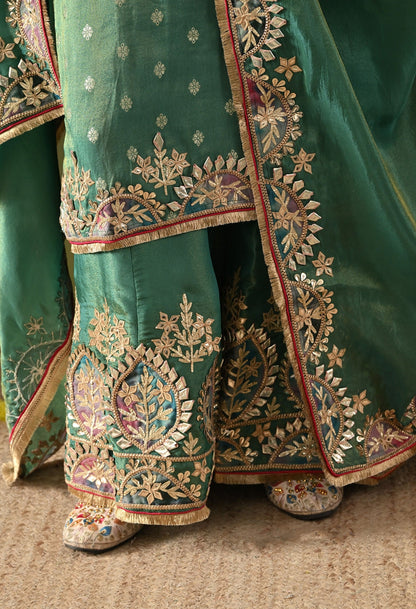 Green Tissue Silk Sharara Set with Gotta, Applique & Zardozi Work.