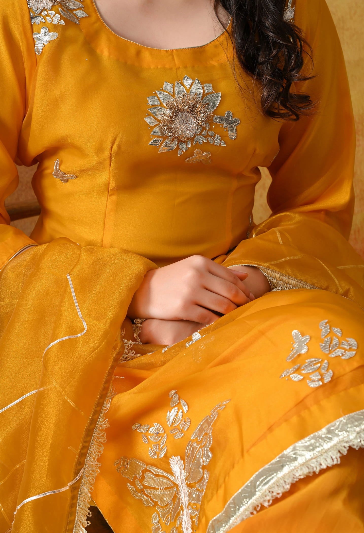 Orangeish Yellow Tissue Organza Kurta Set with intricate gotta, zardozi, and crystal work, paired with a farshi salwar