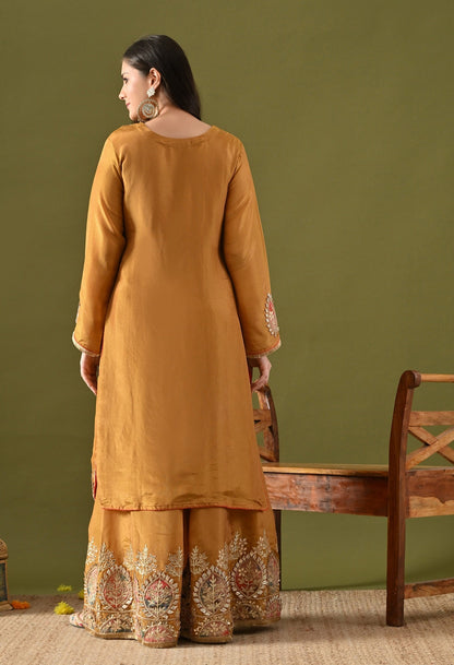 Dark Golden Yellow Tissue Silk Sharara Set with Gotta, Applique & Zardozi Work.