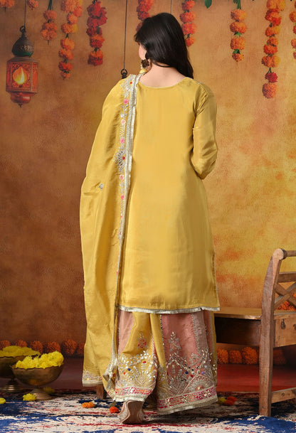 Yellow Tissue Crepe Sharara Set with intricate gotta, zardozi, applique, and thread work, paired with a multicolour sharara and matching dupatta