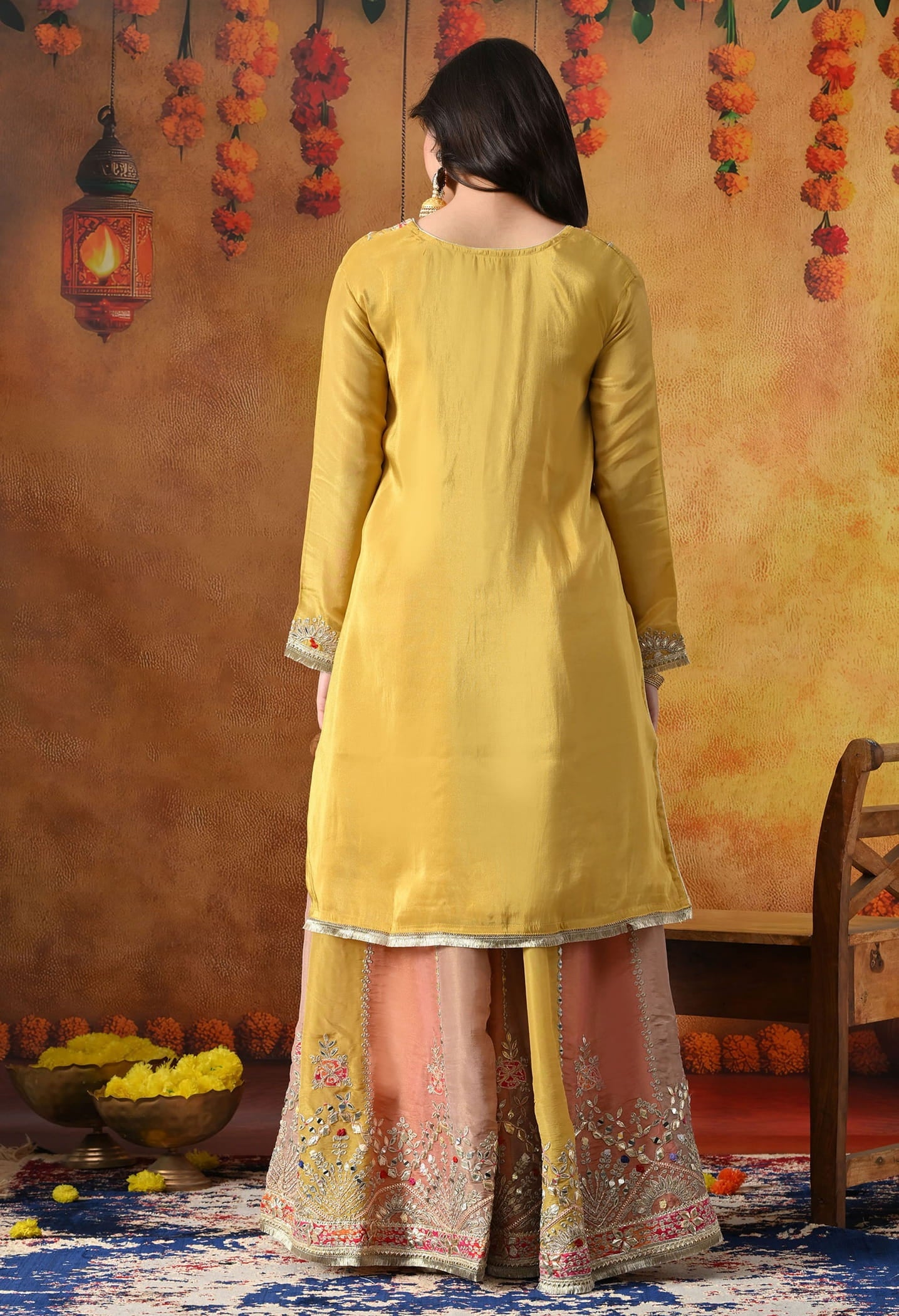 Yellow Tissue Crepe Sharara Set with intricate gotta, zardozi, applique, and thread work, paired with a multicolour sharara and matching dupatta