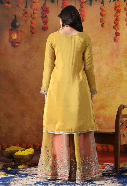 Yellow Tissue Crepe Sharara Set with intricate gotta, zardozi, applique, and thread work, paired with a multicolour sharara and matching dupatta