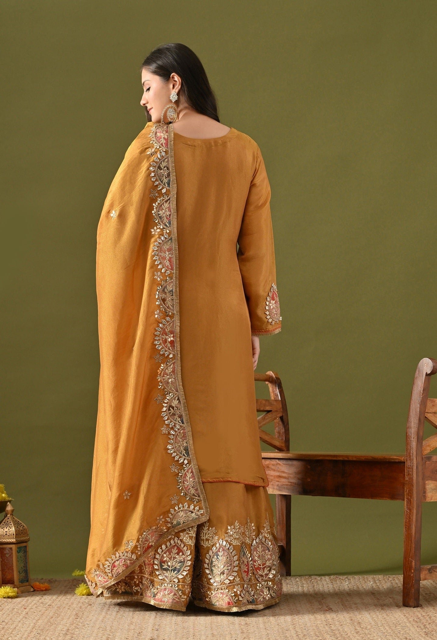 Dark Golden Yellow Tissue Silk Sharara Set with Gotta, Applique & Zardozi Work.