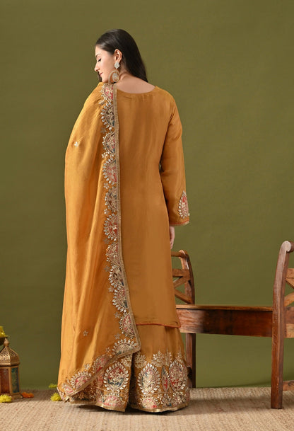 Dark Golden Yellow Tissue Silk Sharara Set with Gotta, Applique & Zardozi Work.
