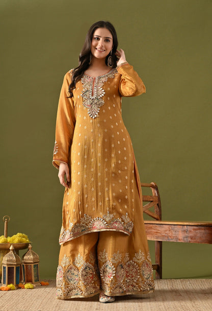 Dark Golden Yellow Tissue Silk Sharara Set with Gotta, Applique & Zardozi Work.