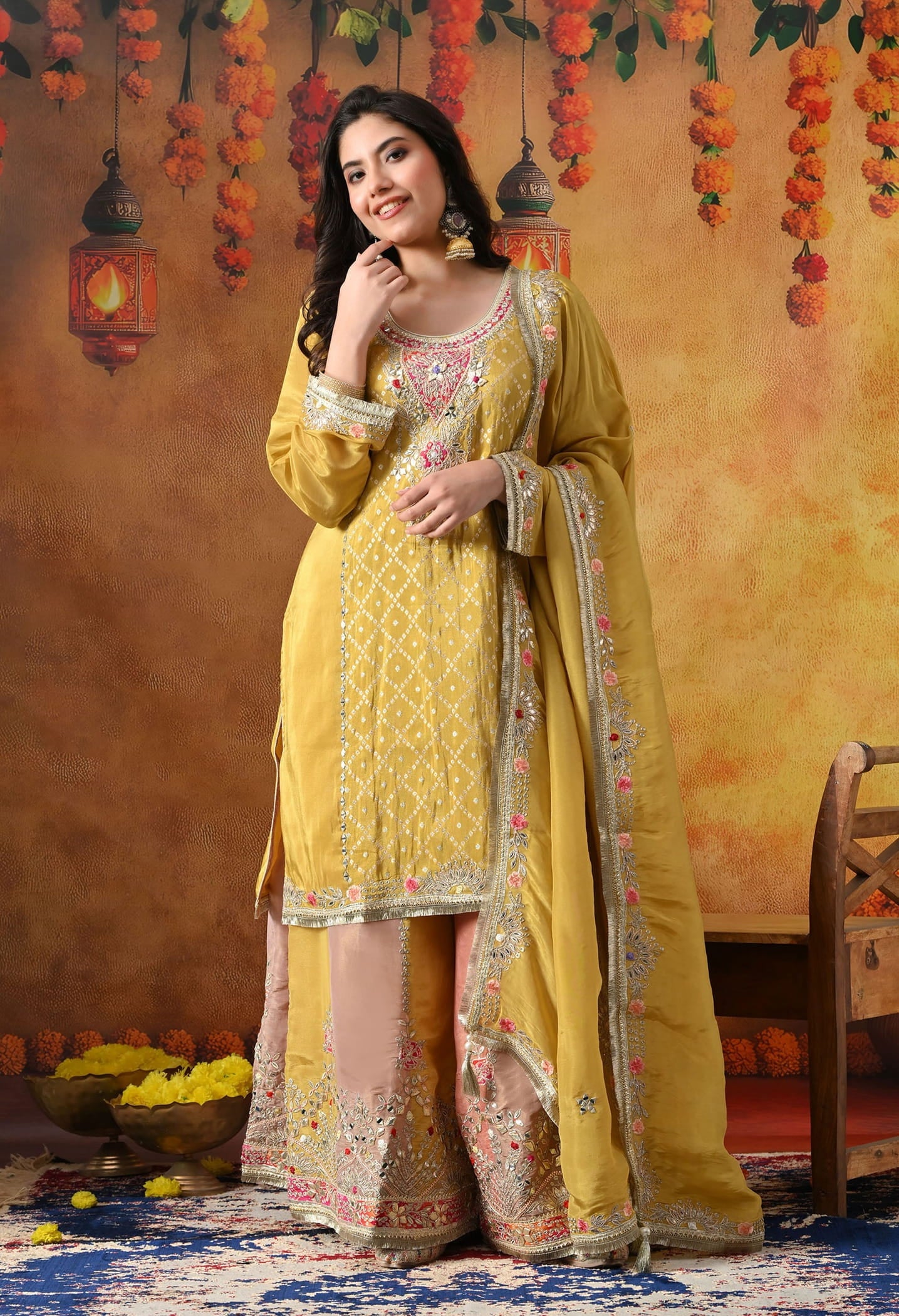 Yellow Tissue Crepe Sharara Set with intricate gotta, zardozi, applique, and thread work, paired with a multicolour sharara and matching dupatta