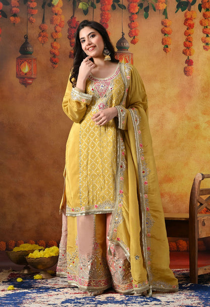 Yellow Tissue Crepe Sharara Set with intricate gotta, zardozi, applique, and thread work, paired with a multicolour sharara and matching dupatta