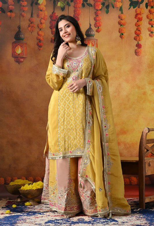 Yellow Tissue Crepe Sharara Set with intricate gotta, zardozi, applique, and thread work, paired with a multicolour sharara and matching dupatta