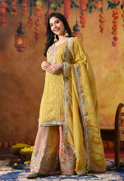 Yellow Tissue Crepe Sharara Set with intricate gotta, zardozi, applique, and thread work, paired with a multicolour sharara and matching dupatta
