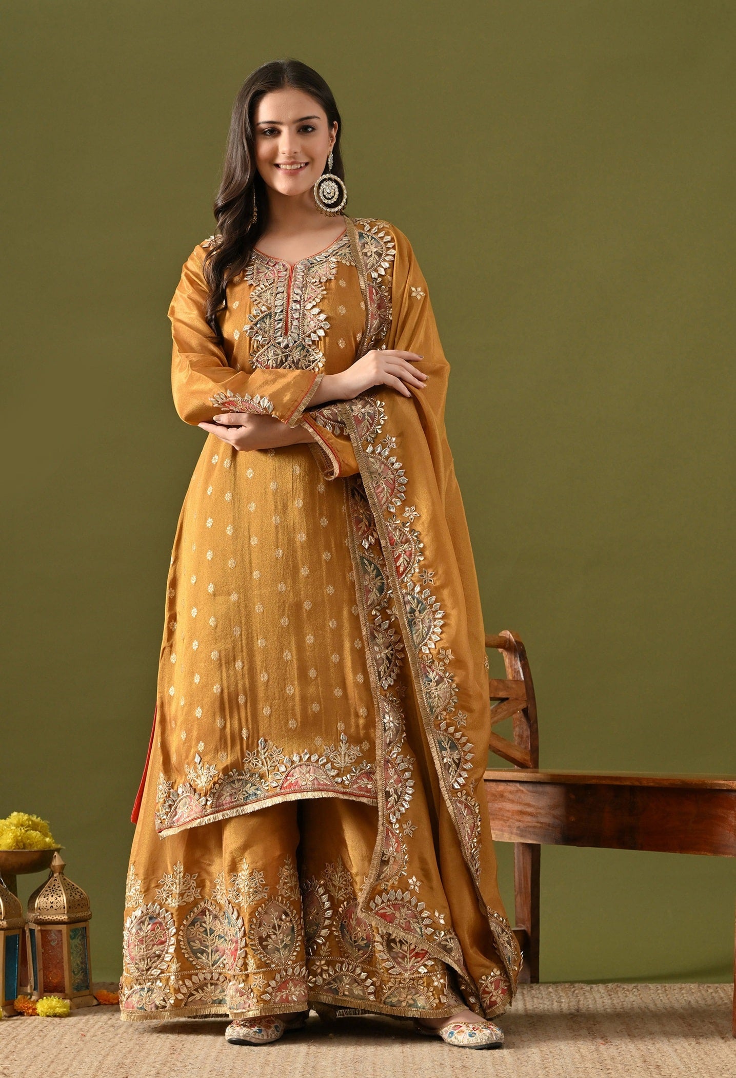 Dark Golden Yellow Tissue Silk Sharara Set with Gotta, Applique & Zardozi Work.