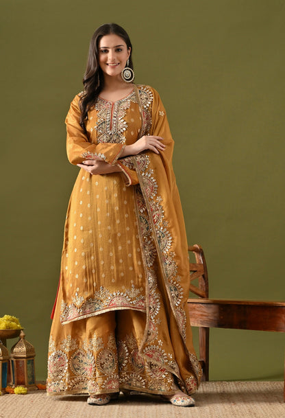 Dark Golden Yellow Tissue Silk Sharara Set with Gotta, Applique & Zardozi Work.