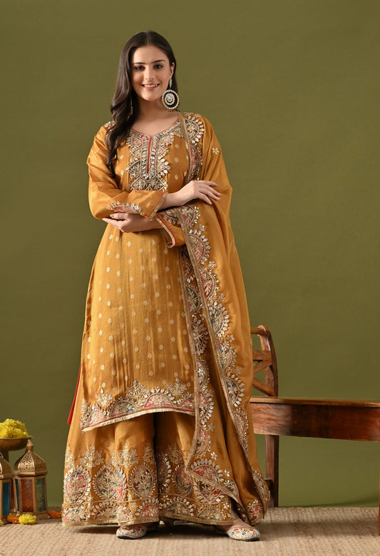 Dark Golden Yellow Tissue Silk Sharara Set with Gotta, Applique & Zardozi Work.