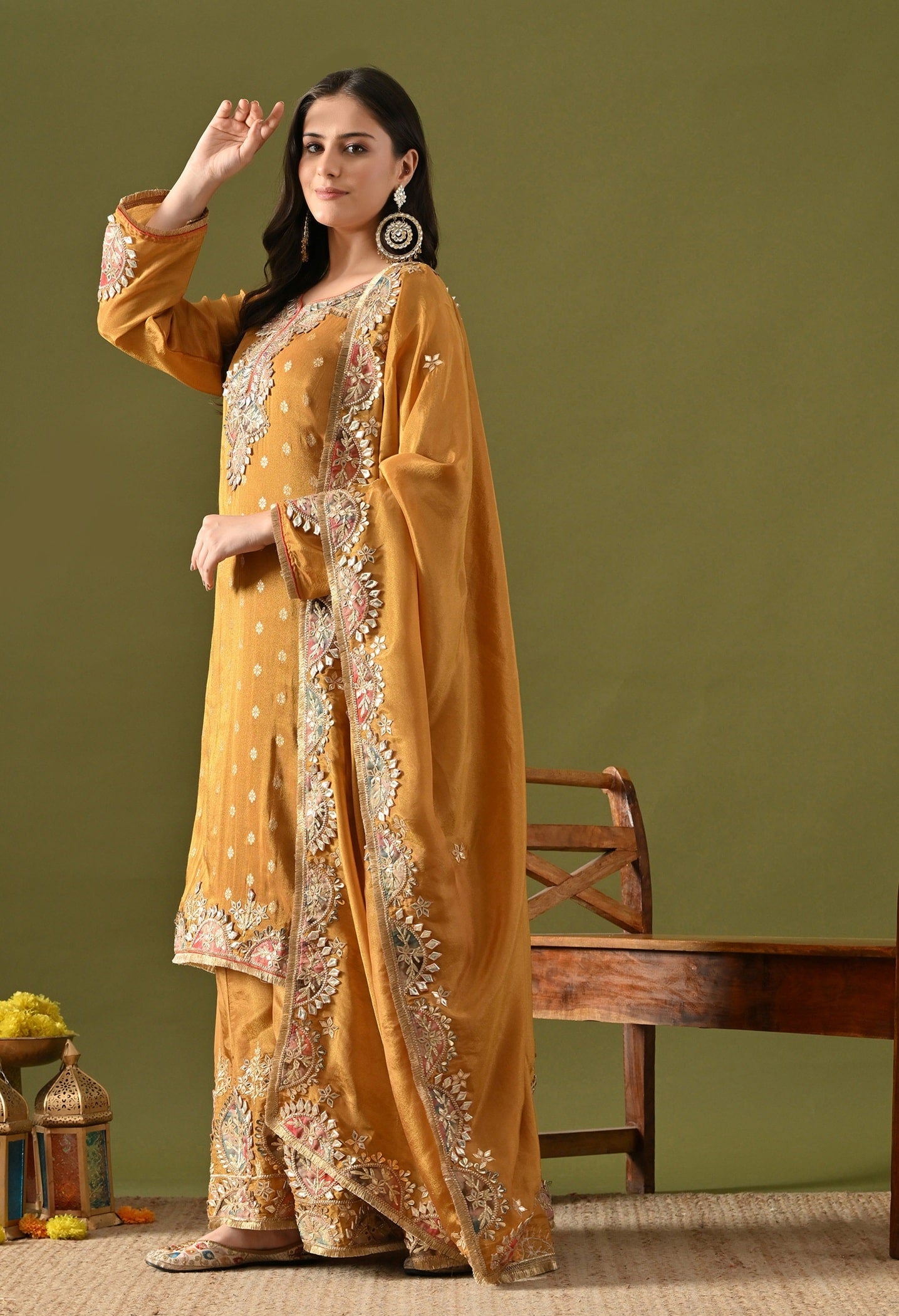 Dark Golden Yellow Tissue Silk Sharara Set with Gotta, Applique & Zardozi Work.