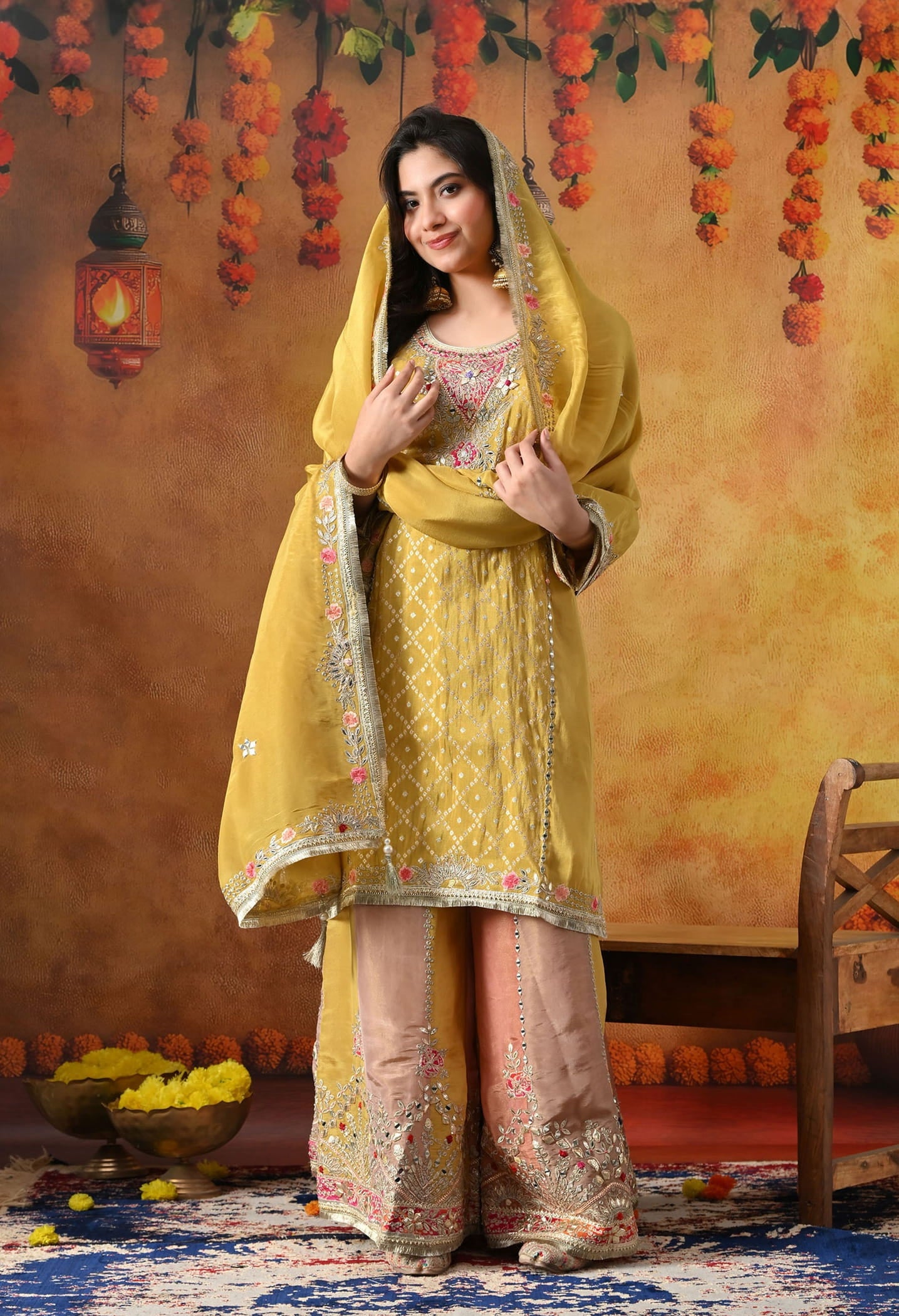 Yellow Tissue Crepe Sharara Set with intricate gotta, zardozi, applique, and thread work, paired with a multicolour sharara and matching dupatta