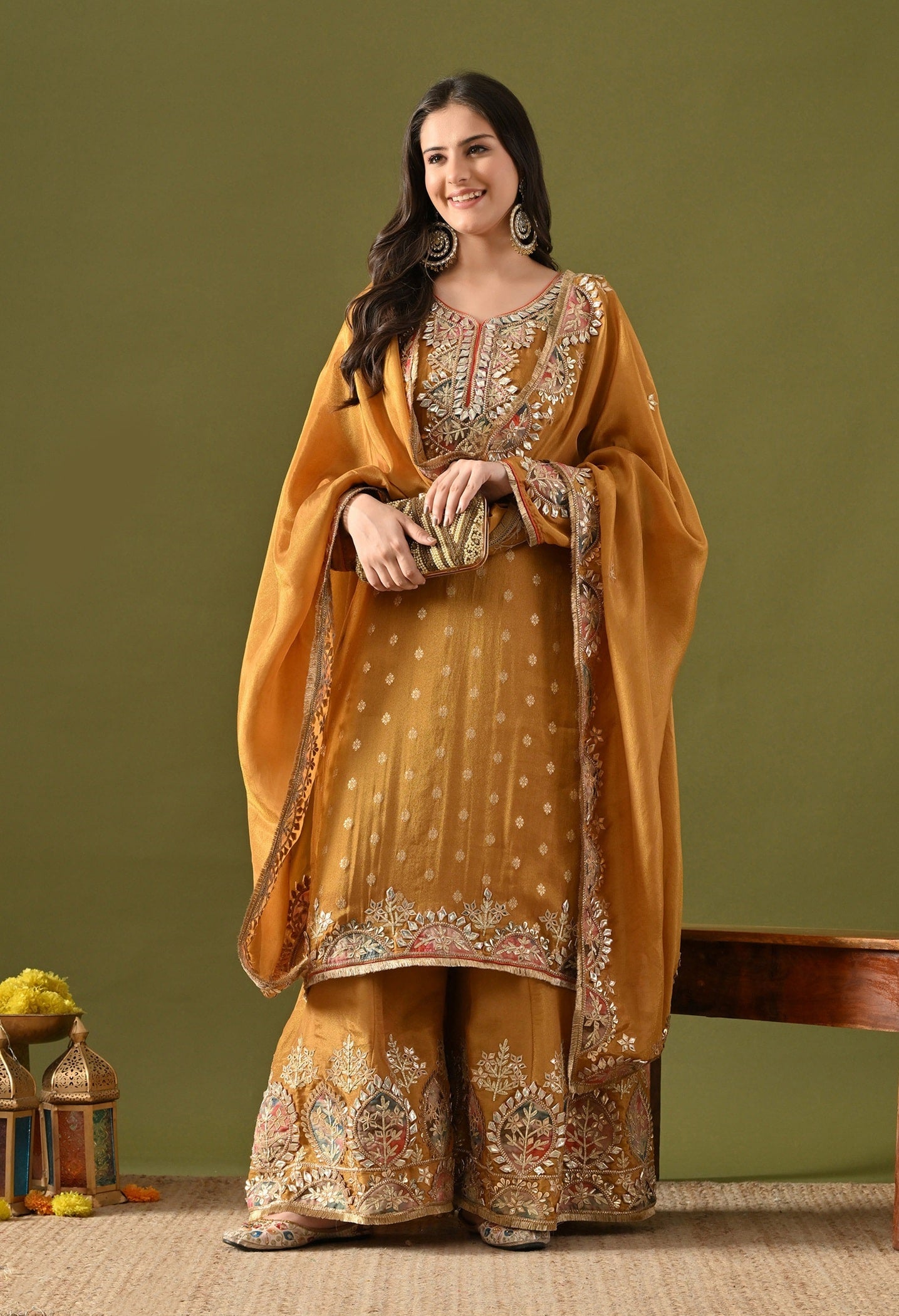 Dark Golden Yellow Tissue Silk Sharara Set with Gotta, Applique & Zardozi Work.