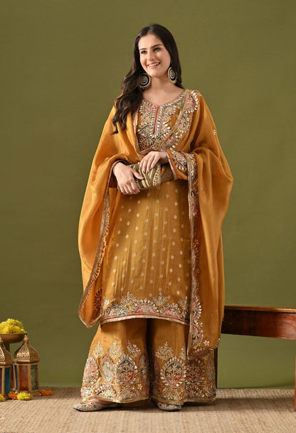 Dark Golden Yellow Tissue Silk Sharara Set with Gotta, Applique & Zardozi Work.