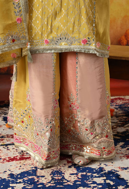 Yellow Tissue Crepe Sharara Set with intricate gotta, zardozi, applique, and thread work, paired with a multicolour sharara and matching dupatta