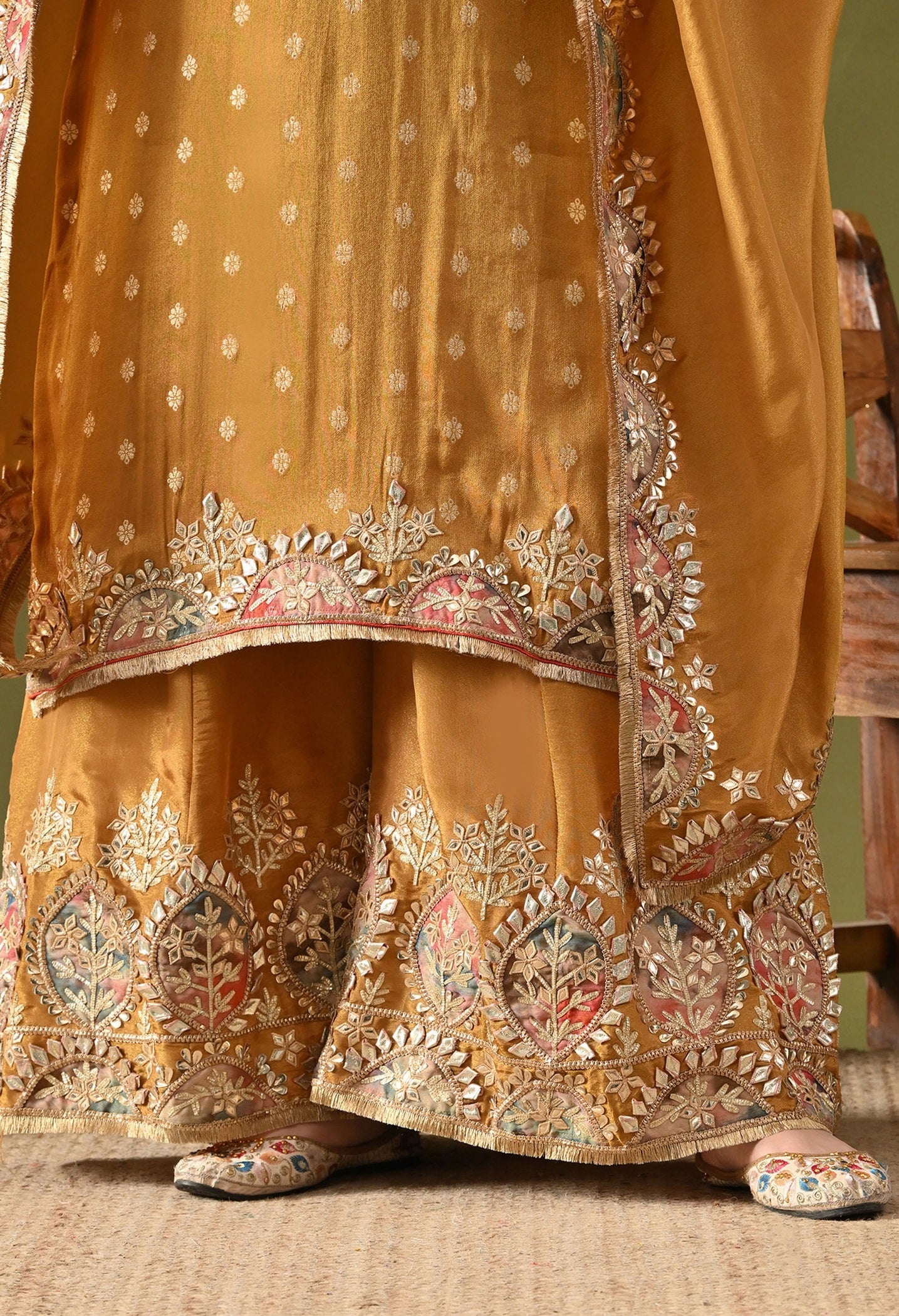 Dark Golden Yellow Tissue Silk Sharara Set with Gotta, Applique & Zardozi Work.