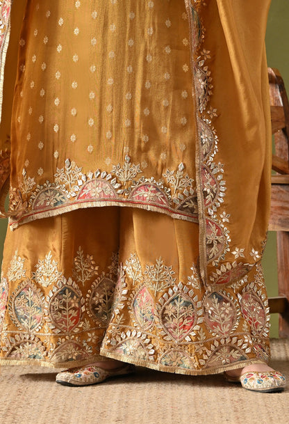 Dark Golden Yellow Tissue Silk Sharara Set with Gotta, Applique & Zardozi Work.