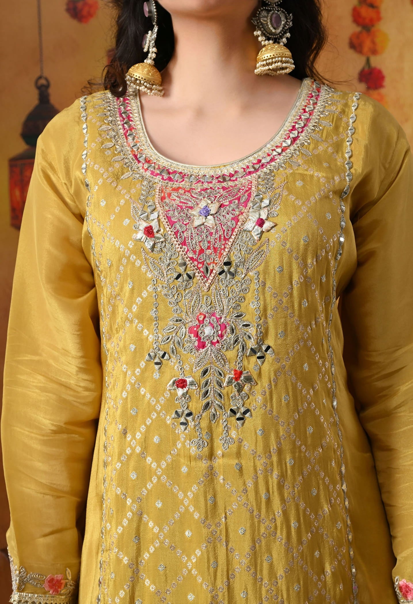 Yellow Tissue Crepe Sharara Set with intricate gotta, zardozi, applique, and thread work, paired with a multicolour sharara and matching dupatta
