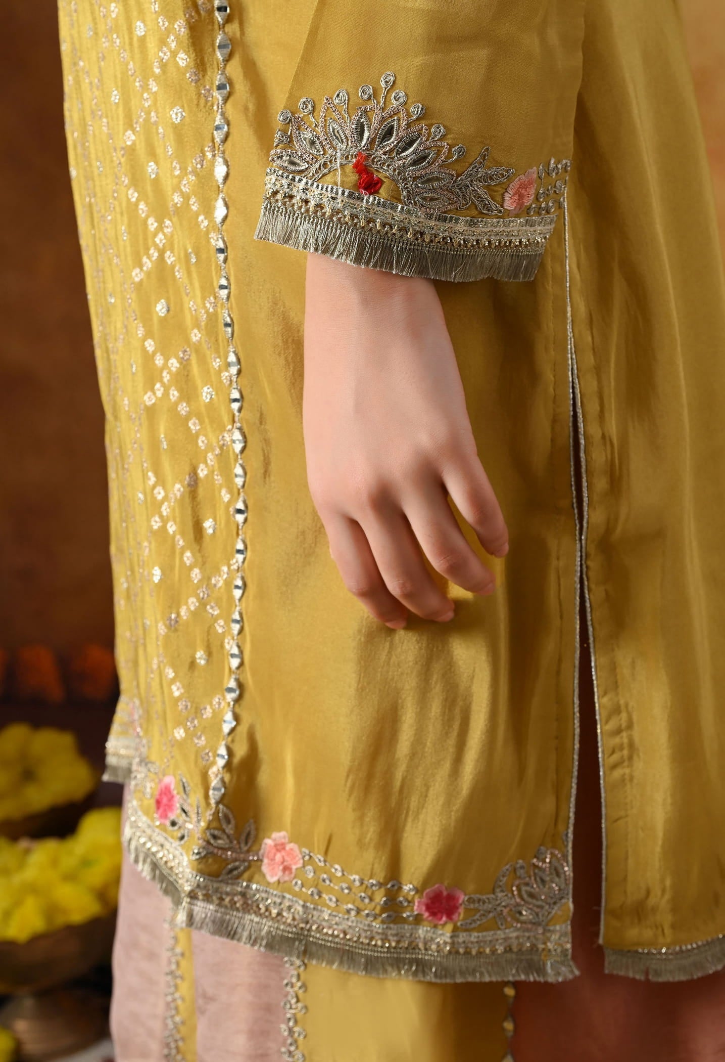 Yellow Tissue Crepe Sharara Set with intricate gotta, zardozi, applique, and thread work, paired with a multicolour sharara and matching dupatta