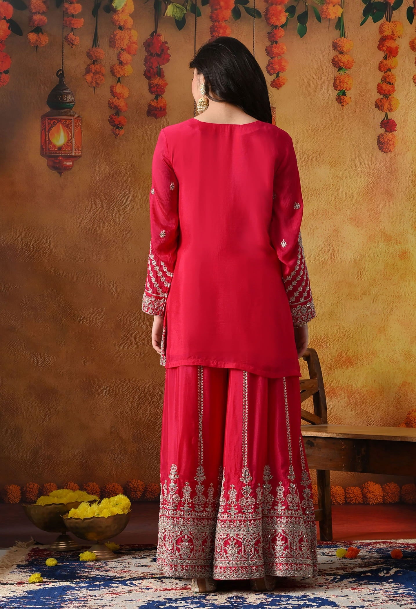 Hot Pink Chinon Sharara Set with intricate zardozi, dabka, crystal, and mirror work, paired with a matching dupatta