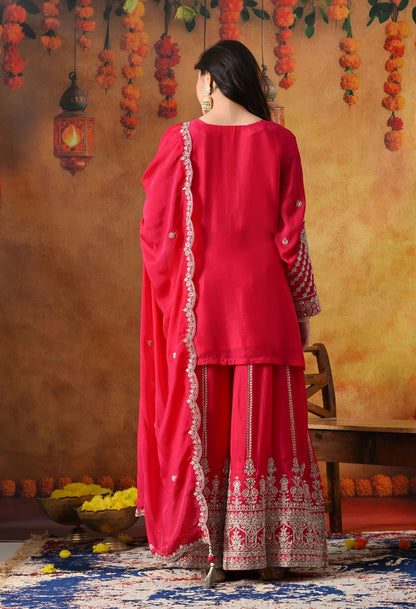 Hot Pink Chinon Sharara Set with intricate zardozi, dabka, crystal, and mirror work, paired with a matching dupatta