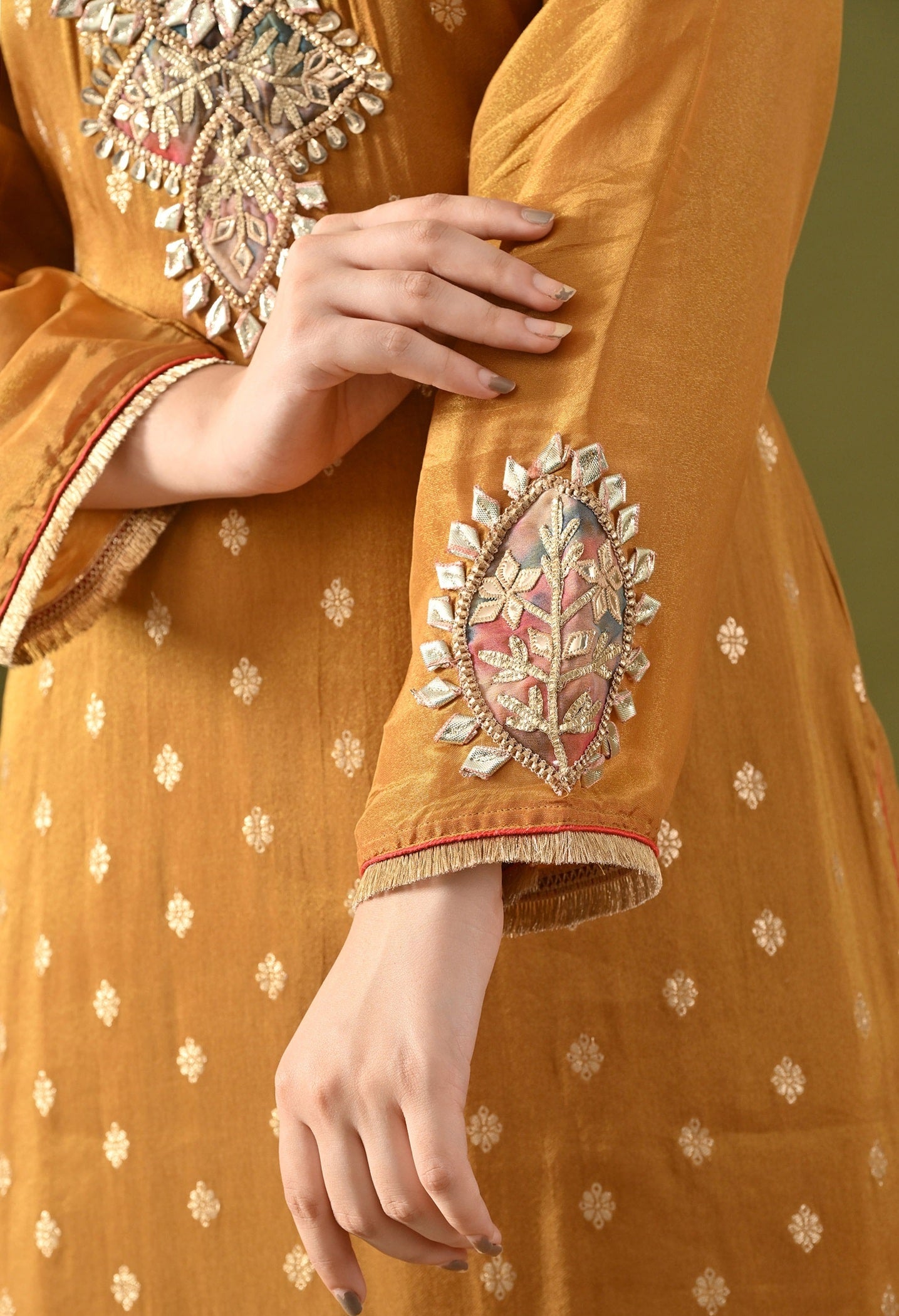 Dark Golden Yellow Tissue Silk Sharara Set with Gotta, Applique & Zardozi Work.