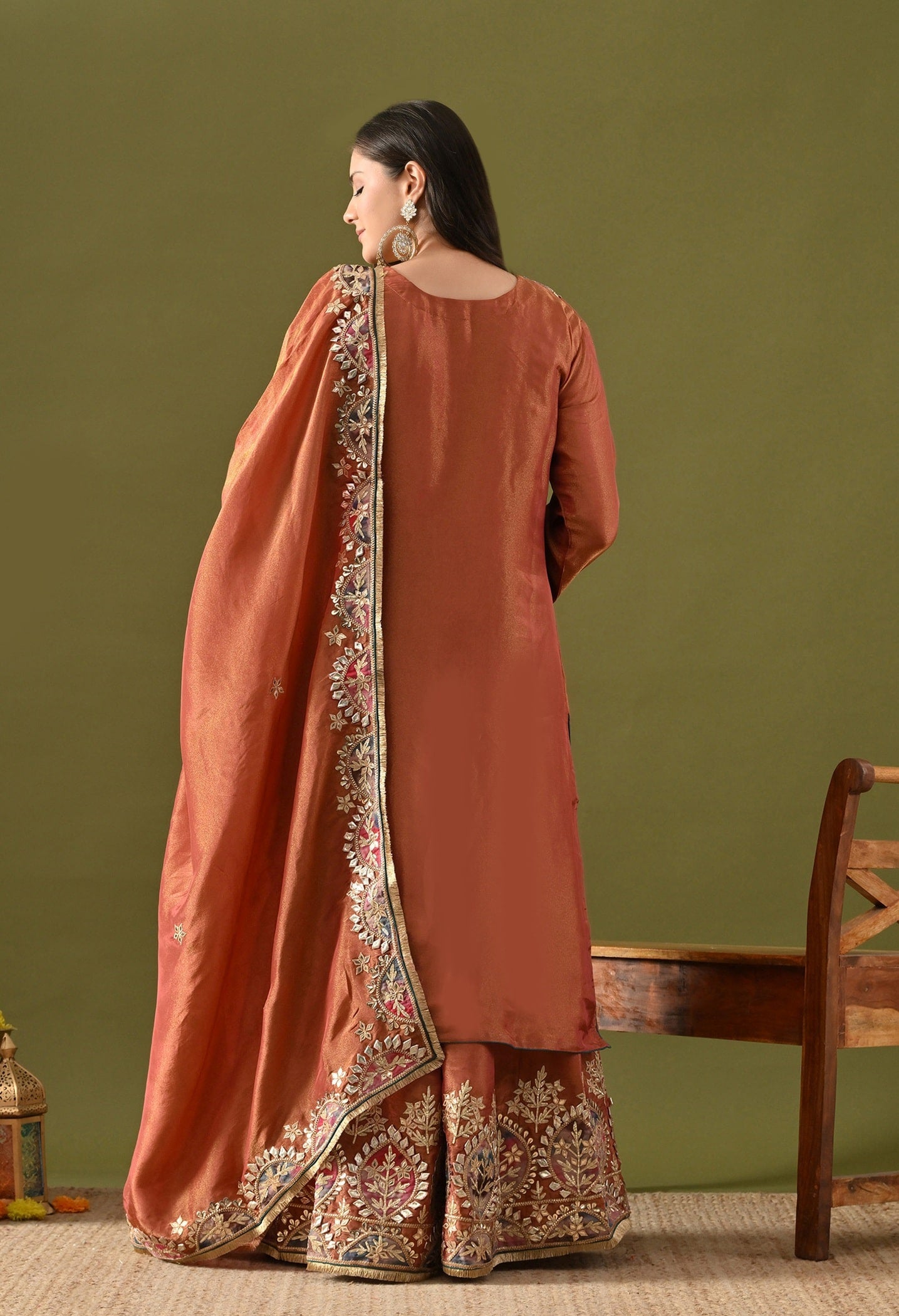 Brown Tissue Silk Sharara Set with Gotta, Applique & Zardozi Embroidery.