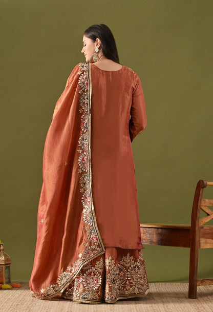 Brown Tissue Silk Sharara Set with Gotta, Applique & Zardozi Embroidery.