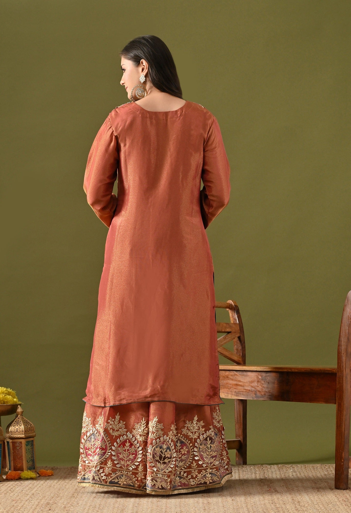 Brown Tissue Silk Sharara Set with Gotta, Applique & Zardozi Embroidery.