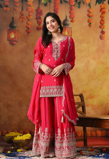 Hot Pink Chinon Sharara Set with intricate zardozi, dabka, crystal, and mirror work, paired with a matching dupatta