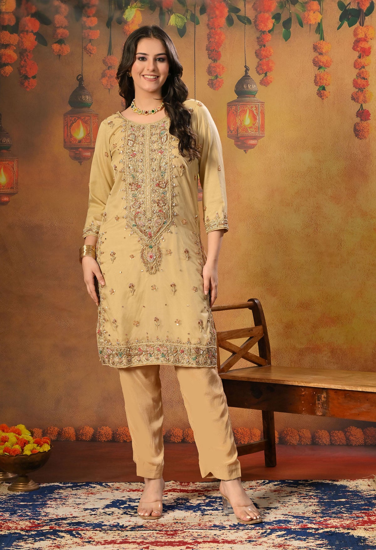 Golden Kurta Set with Zardozi, Dabka, Sequin and Pearl Work