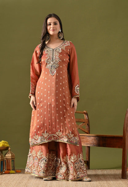 Brown Tissue Silk Sharara Set with Gotta, Applique & Zardozi Embroidery.