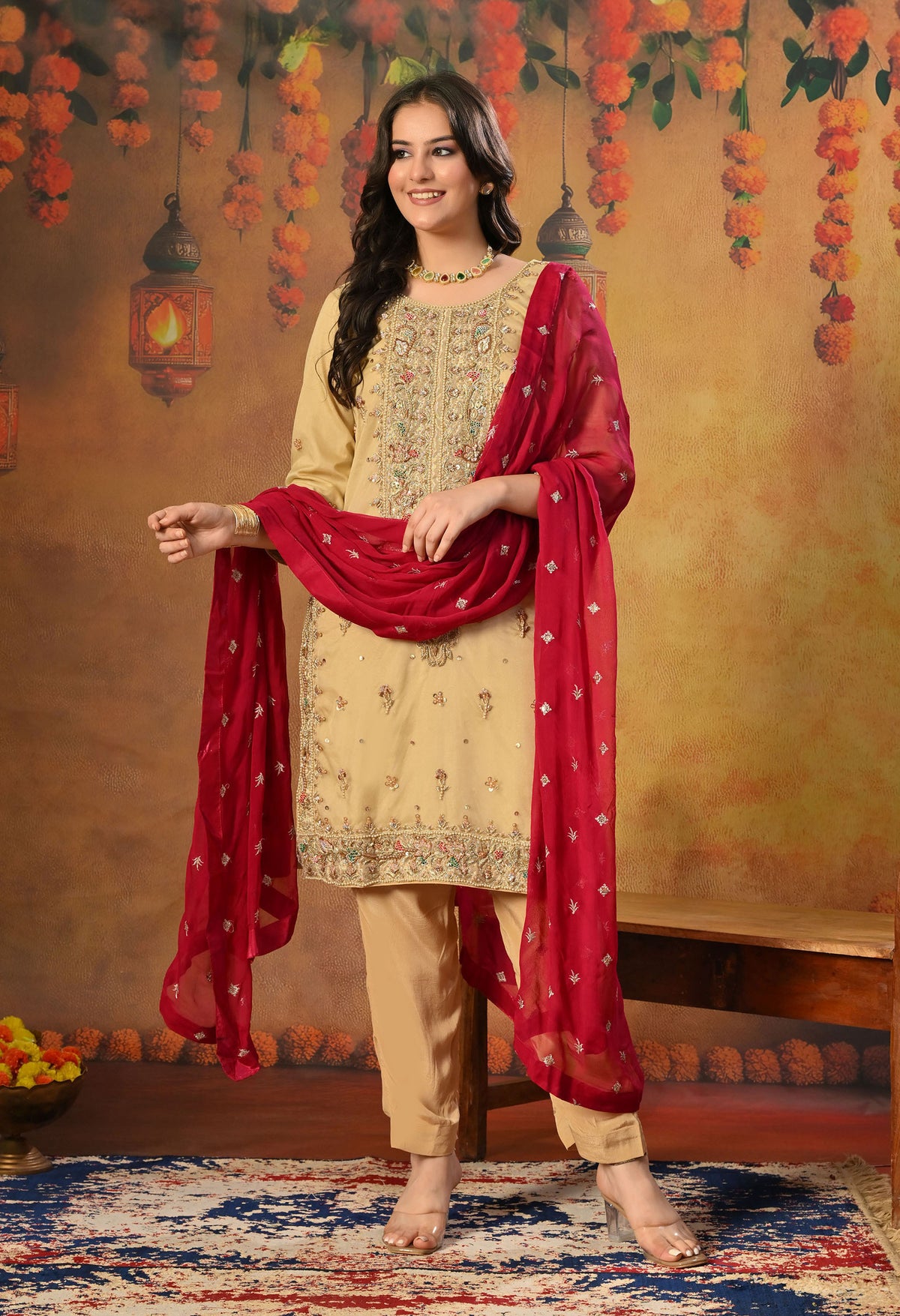 Golden Kurta Set with Zardozi, Dabka, Sequin and Pearl Work