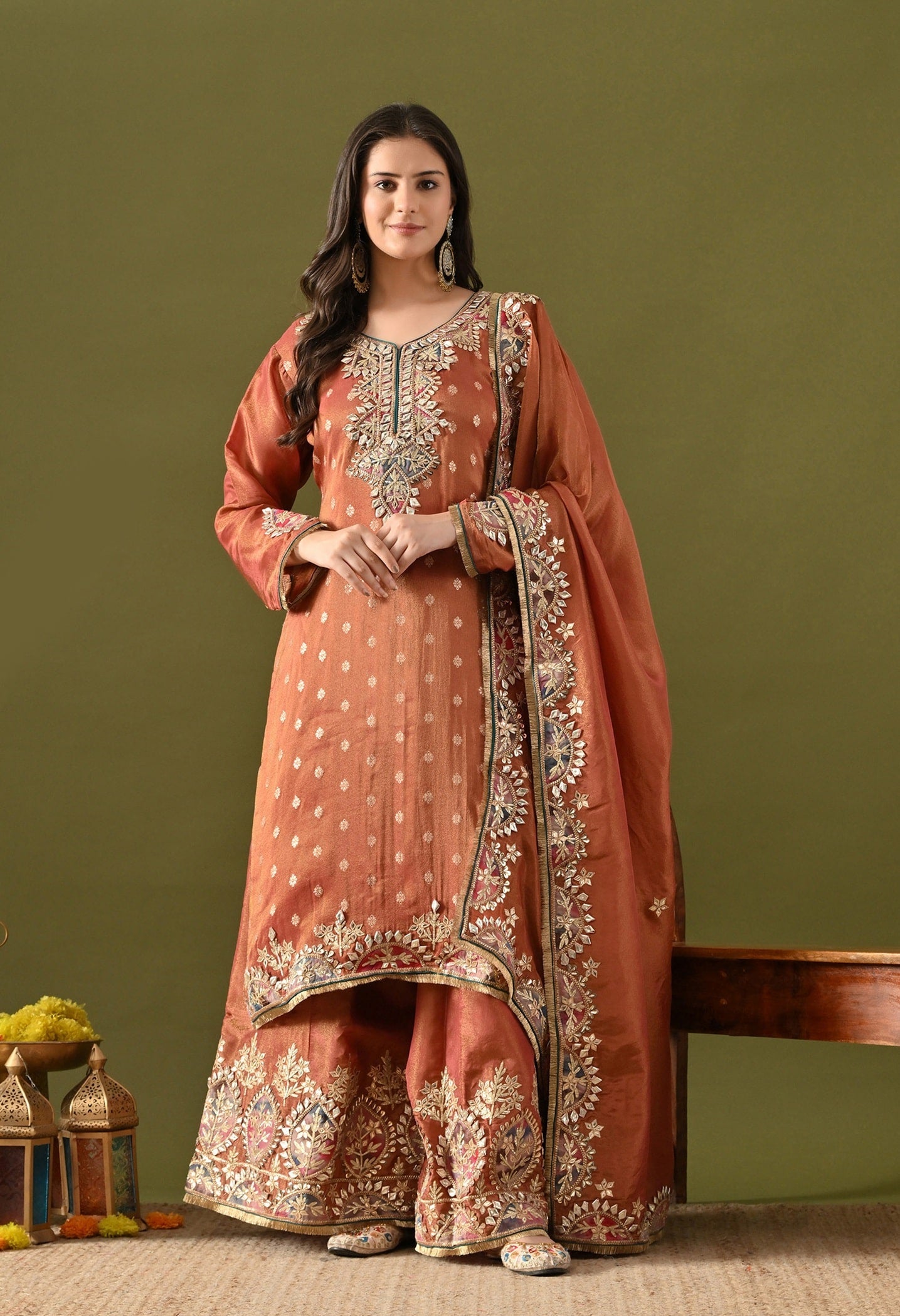 Brown Tissue Silk Sharara Set with Gotta, Applique & Zardozi Embroidery.