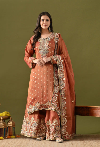 Brown Tissue Silk Sharara Set with Gotta, Applique & Zardozi Embroidery.