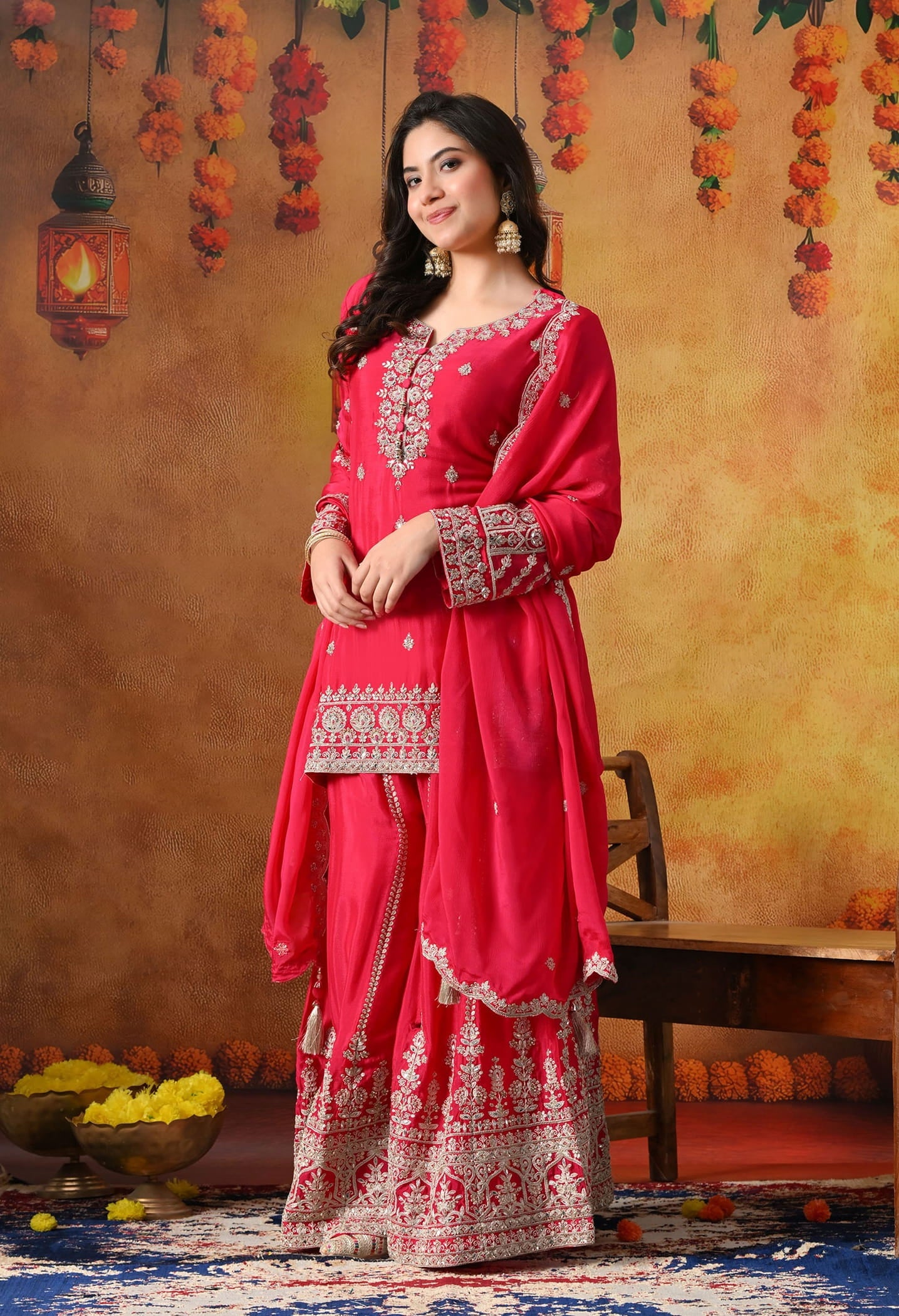 Hot Pink Chinon Sharara Set with intricate zardozi, dabka, crystal, and mirror work, paired with a matching dupatta