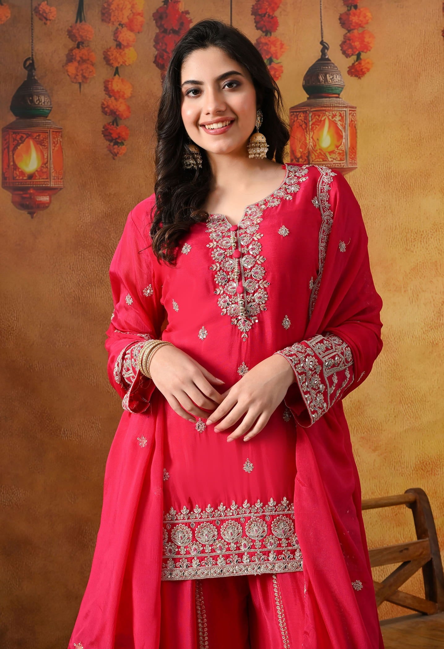 Hot Pink Chinon Sharara Set with intricate zardozi, dabka, crystal, and mirror work, paired with a matching dupatta